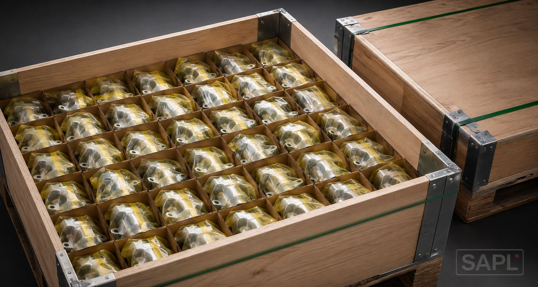 Export-ready aluminium components packed for shipment from Pune